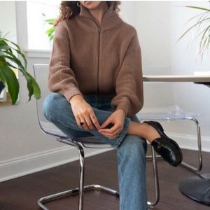 Reformation Dani Full Zip Cardigan Sweater Brown Knit Balloon Sleeves Size M